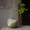 Rustic vase with green branches on table.