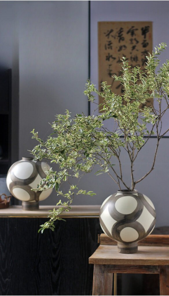 Decorative vases with leafy branches indoors