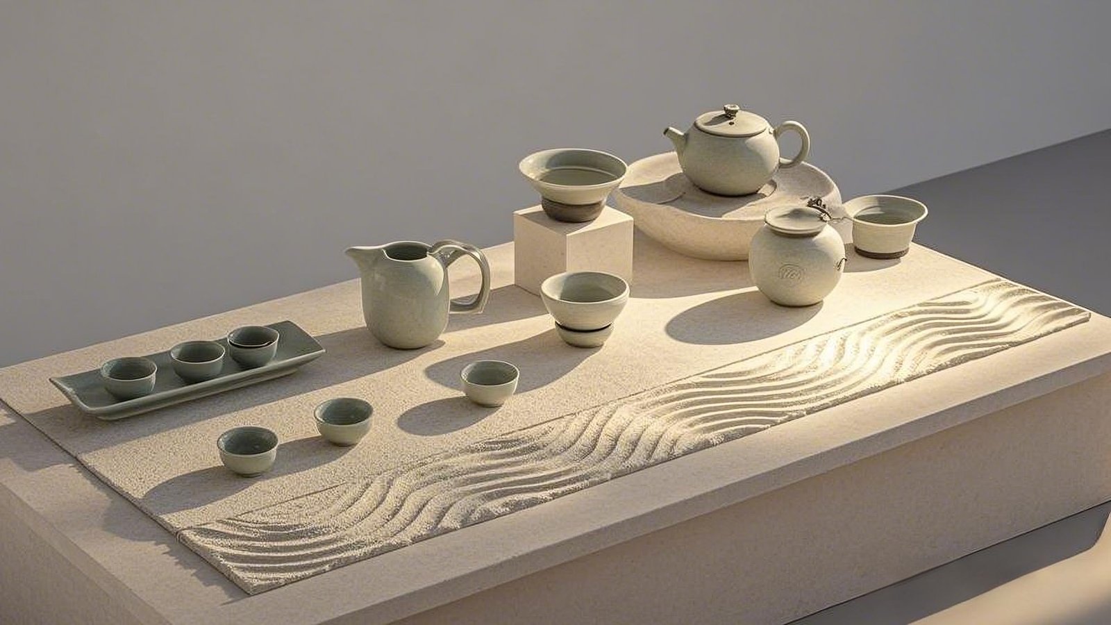 Elegant ceramic tea set on textured table.
